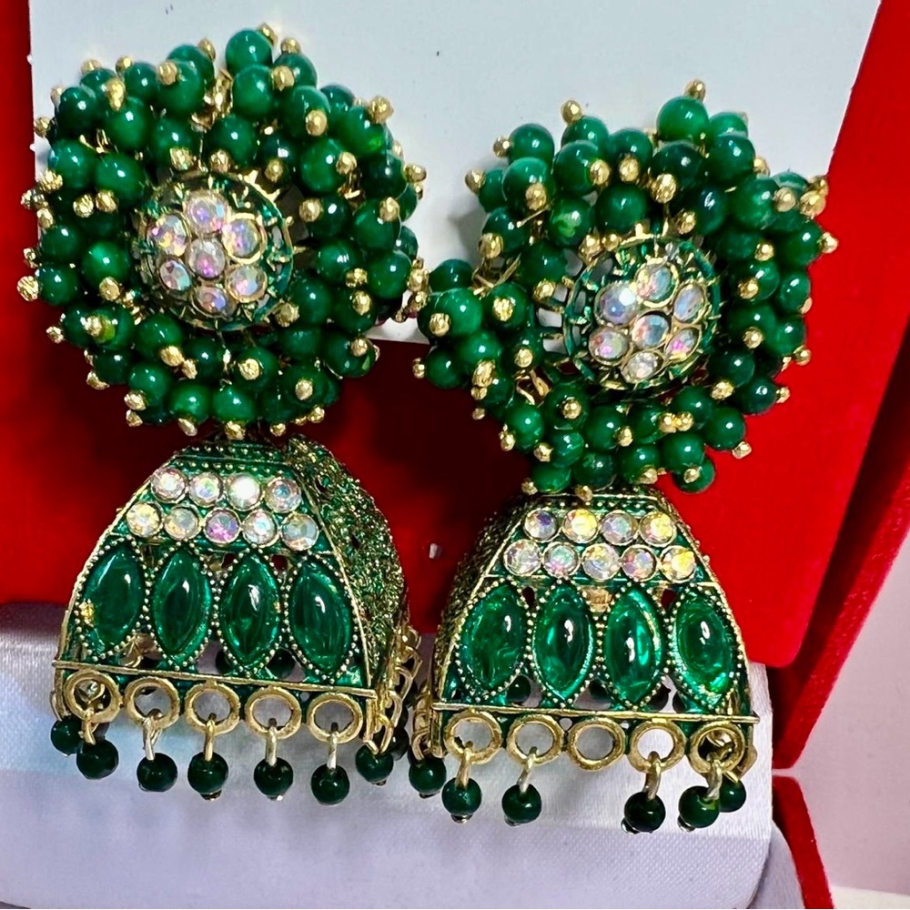 Green Beaded Jhumka Earrings with Gold Accents